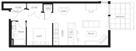Floor plan for 1 bed, 1 bath, 693 sqft